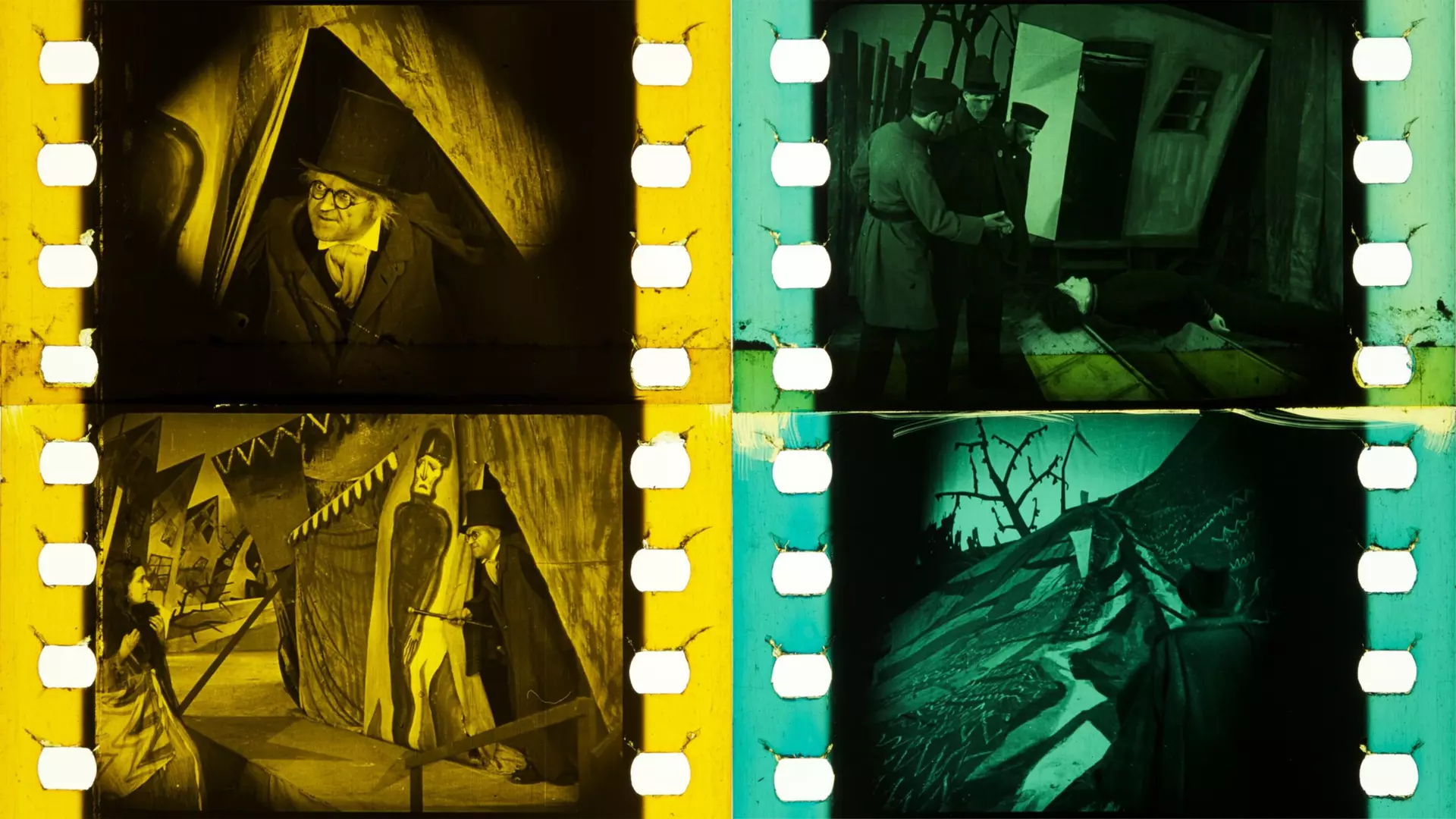 Yellow and green color-tinted film strips with four stills from an expressionist silent film. Figures in period costume appear in artificially distorted interior and exterior spaces on highly stylized sets, skewed perspectives. Visible film perforations.