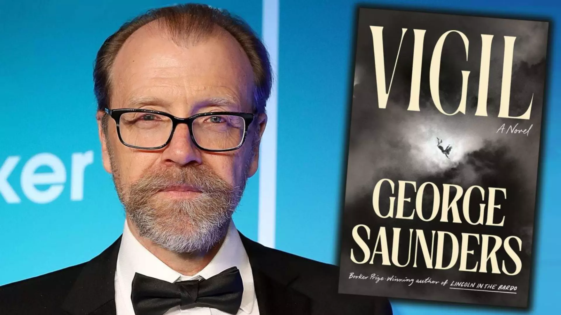 Portrait of George Saunders with book cover ‘VIGIL’