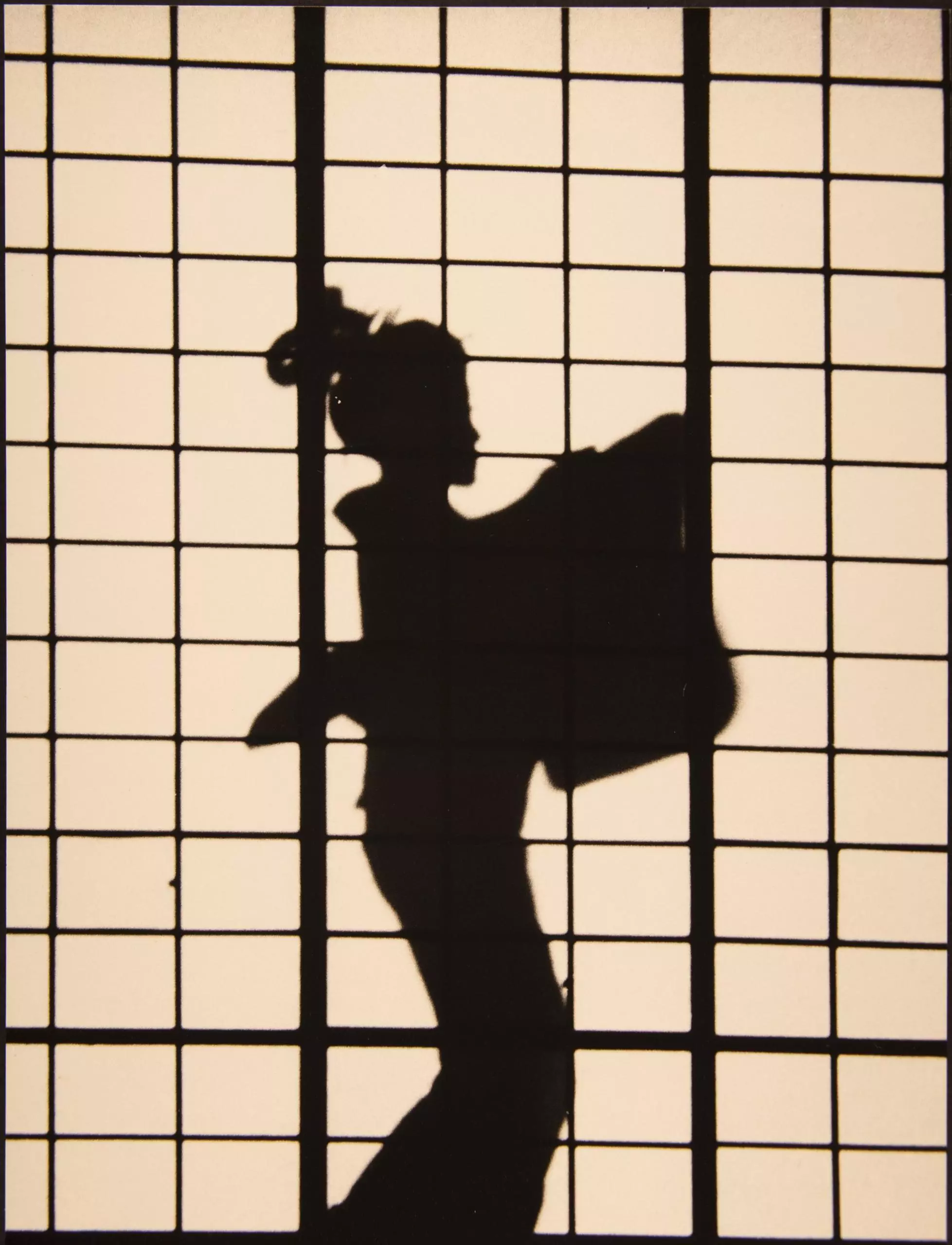 Silhouette einer Person in traditionellem Gewand vor rasterartigem Hintergrund mit rechteckigen Feldern.