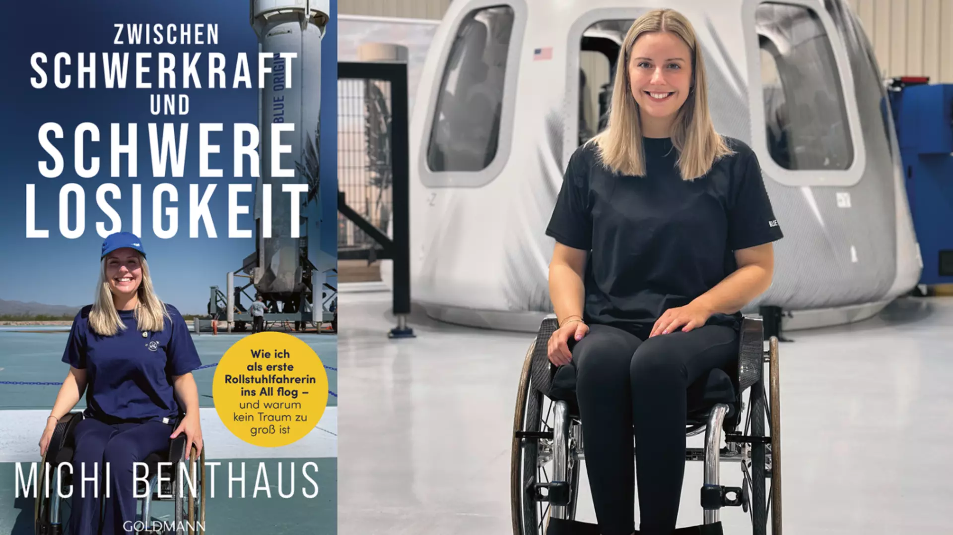 Book cover by Michi Benthaus and next to it Michi Benthaus in a wheelchair