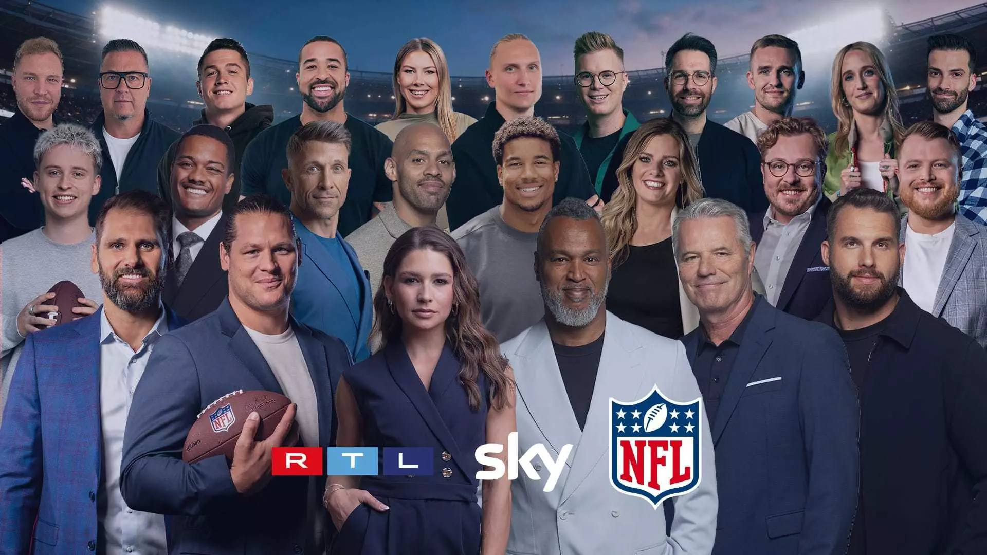 Collage of the RTL and Sky NFL team featuring presenters and experts alongside the RTL, Sky, and NFL logos.