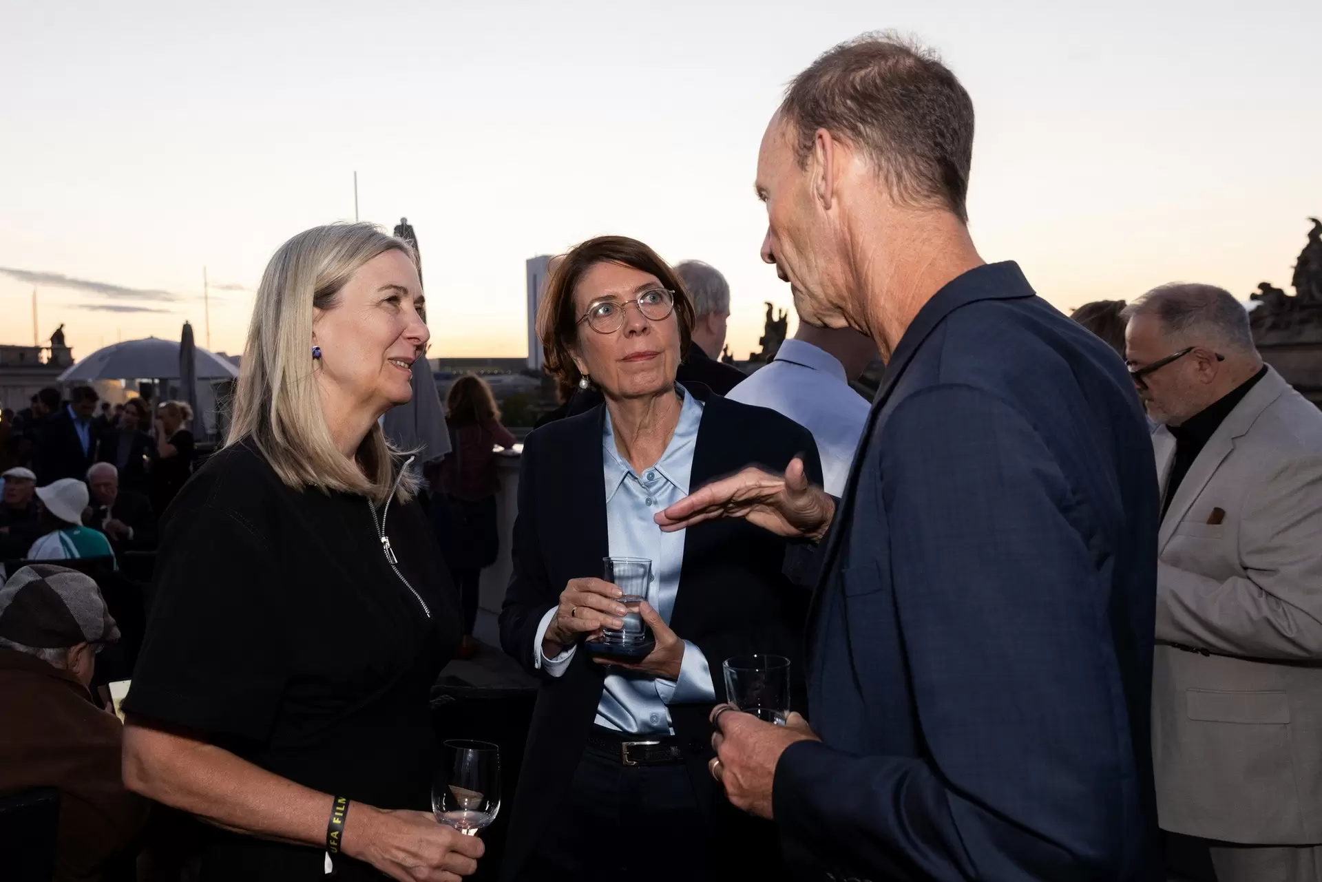 Marion Ackermann, President of the Prussian Cultural Heritage Foundation; Helen Müller, Head of Cultural Affairs & Corporate History at Bertelsmann; and Bertelsmann CEO Thomas Rabe at the reception for the 2026 UFA Film Nights