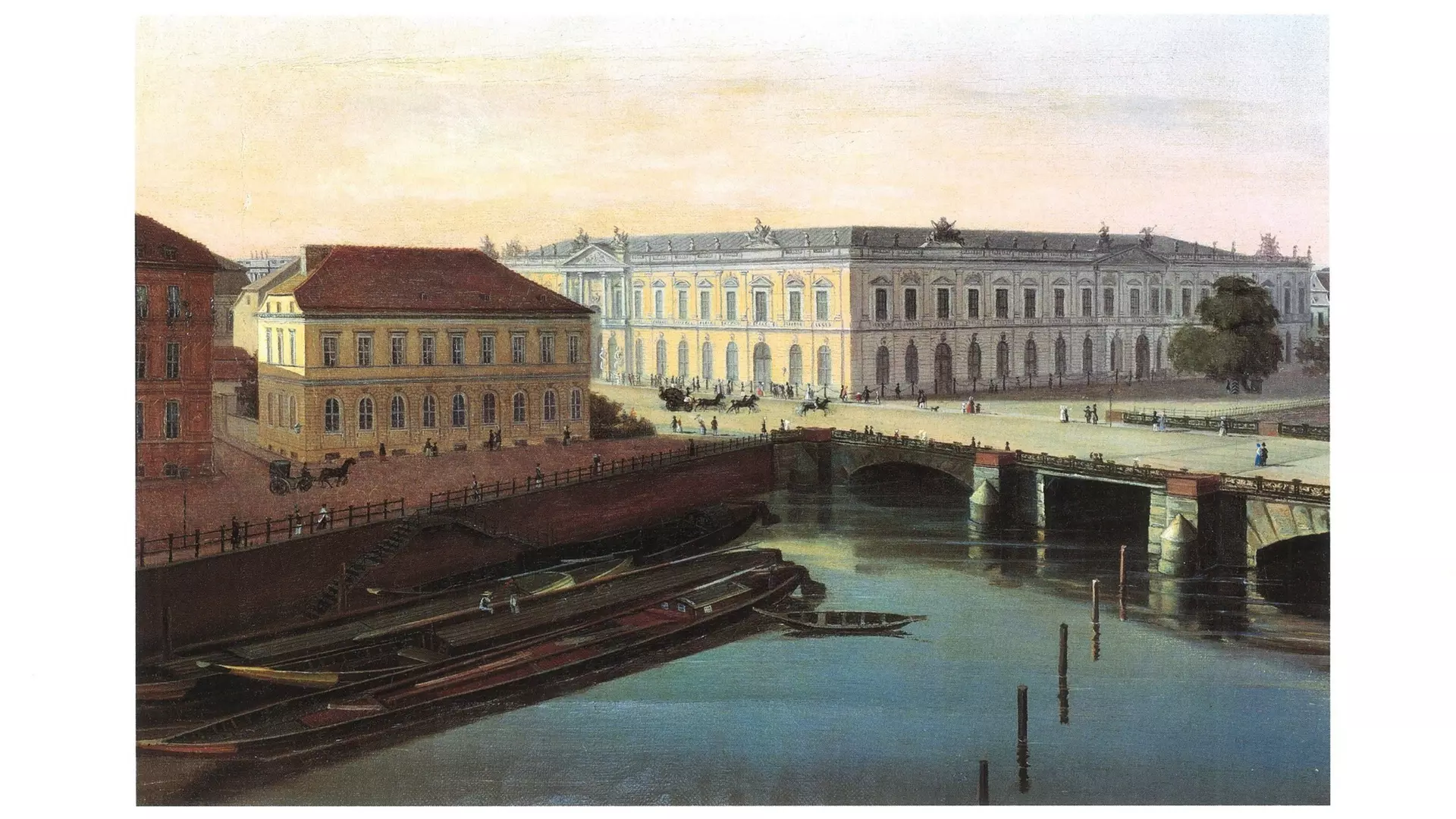 Historisches, in Gelb- und Blautönen gehaltenes Gemälde um 1850 mit Blick auf klassizistische Gebäude, Brücke über Fluss, Boote und Personen im Stadtraum.