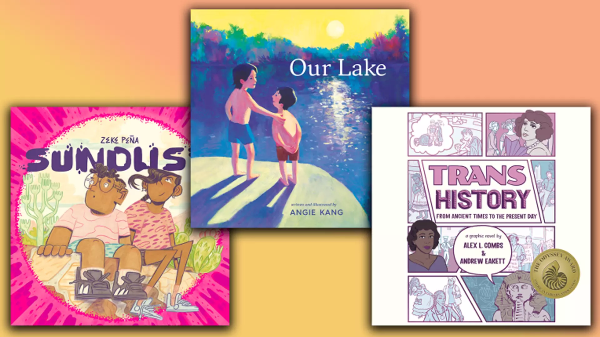Three colorful book covers featuring illustrated characters, a lakeside scene, and comic-style educational content.