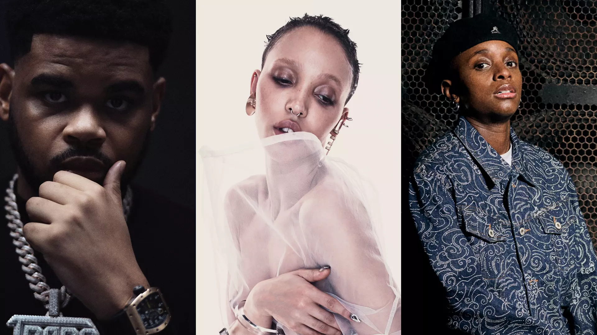 The picture shows K-Trap, FKA Twings, and Sherelle. K-Trap is looking at the camera and standing in front of a black background, FKA Twings is looking down and standing in front of a white background, and Sherelle is standing in front of a metal grid and looking at the camera.