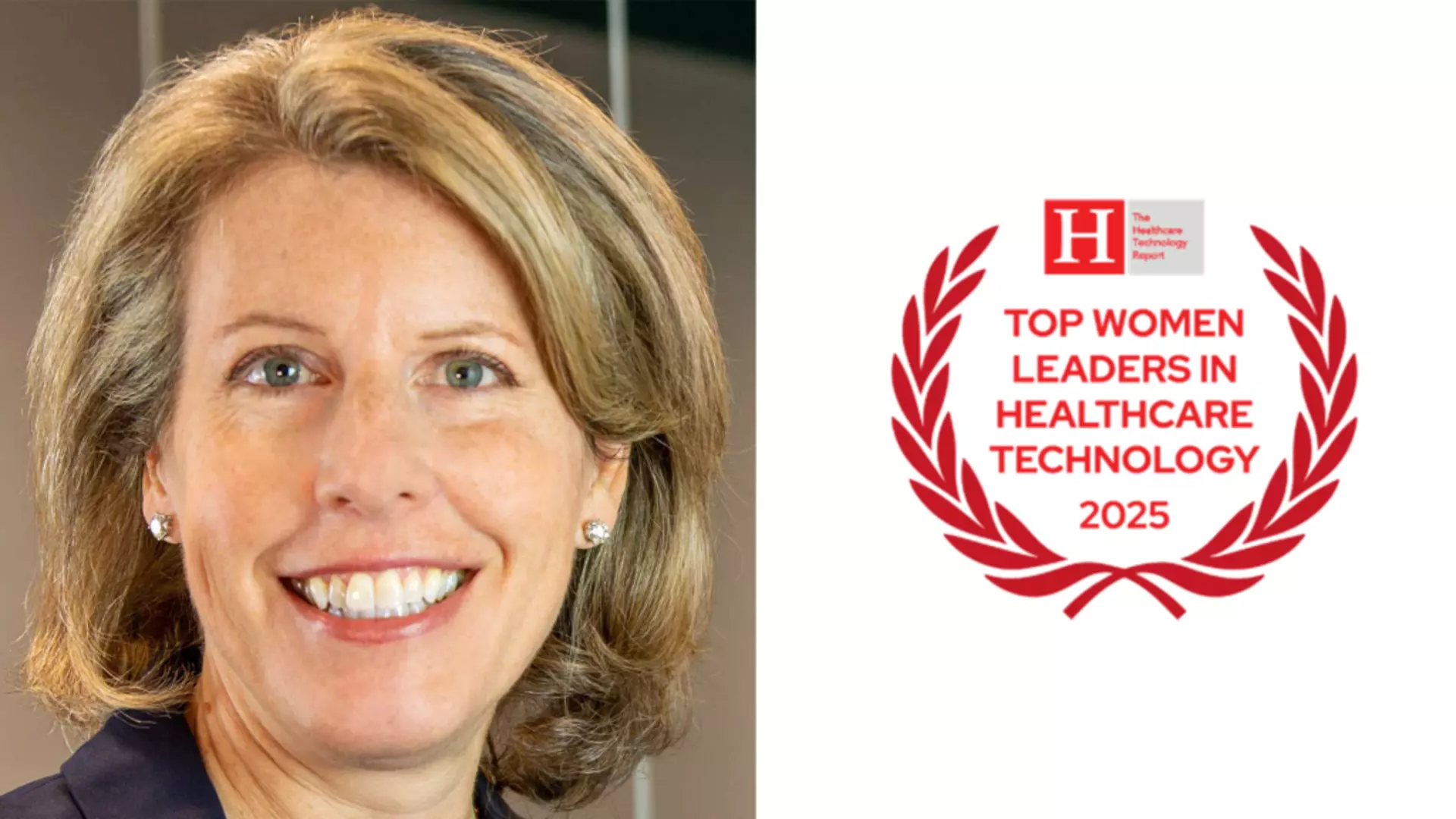 A portrait photo of a smiling woman, with the "Top Women Leaders in Healthcare Technology 20205" logo next to it