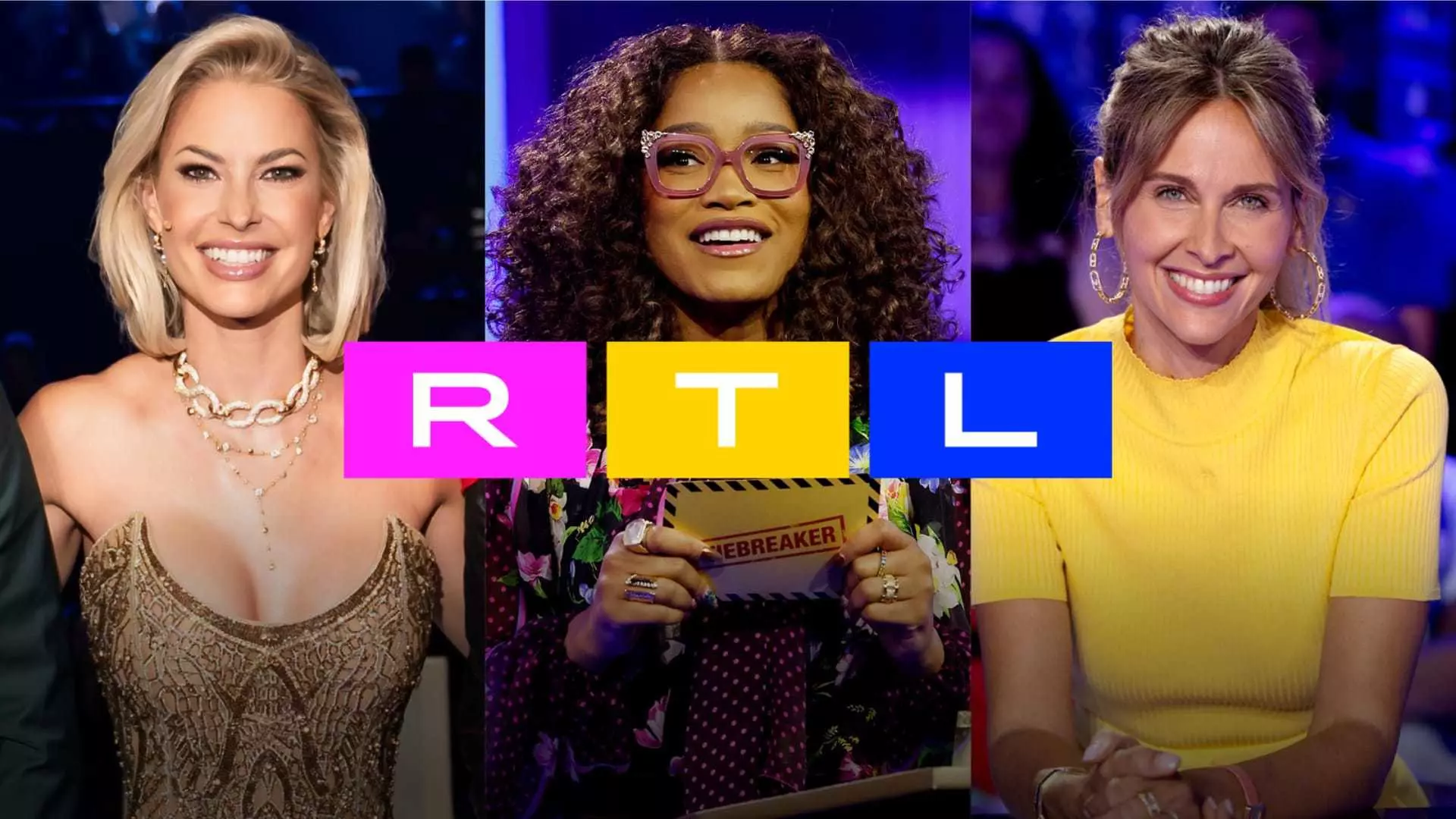 Collage featuring three presenters and entertainers in a TV studio setting with the RTL logo prominently displayed.