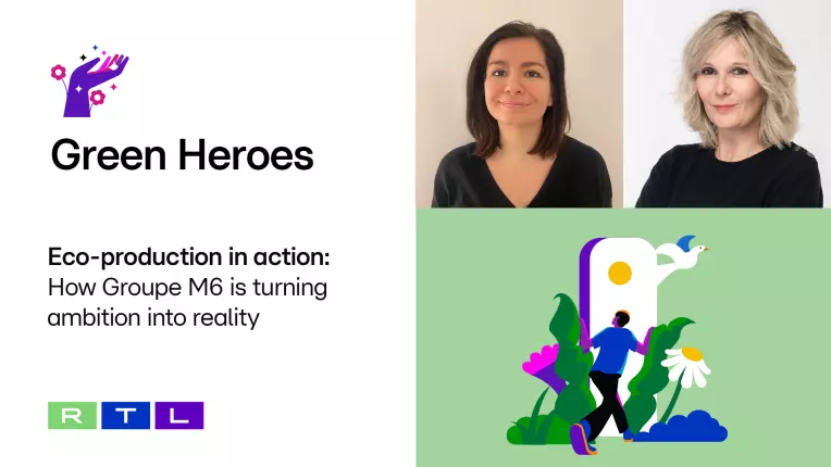 On the left, the words “Green Heroes” and the RTL logo; on the top right, a portrait of two women; below that, a graphic with flowers and a person walking through them.