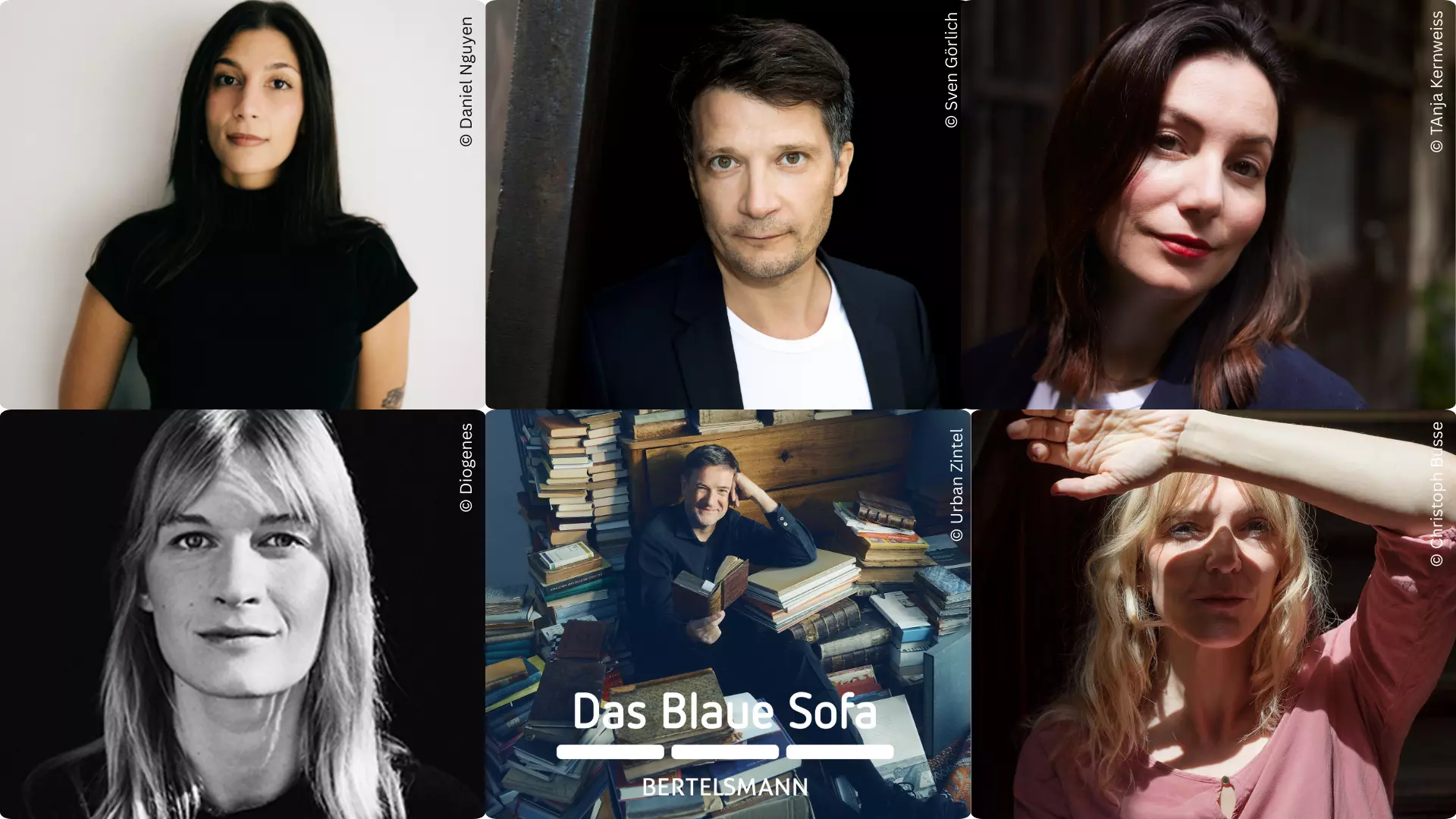 Collage of portraits of six authors