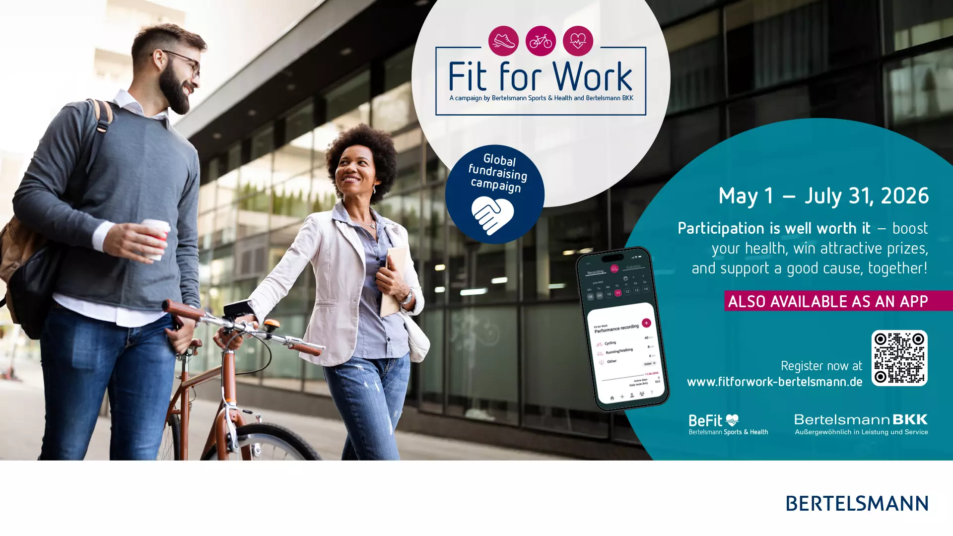 Promotional graphic for Fit for Work 2026 featuring two employees, a bicycle, an app ad, and registration information.