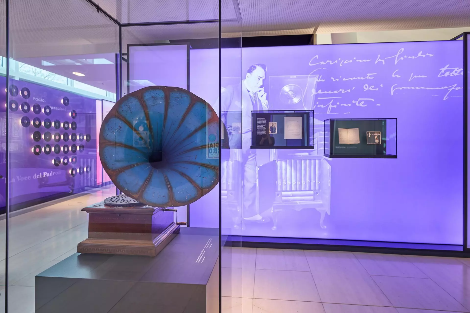 View of part of the Puccini exhibition, with an old blue gramophone in the foreground