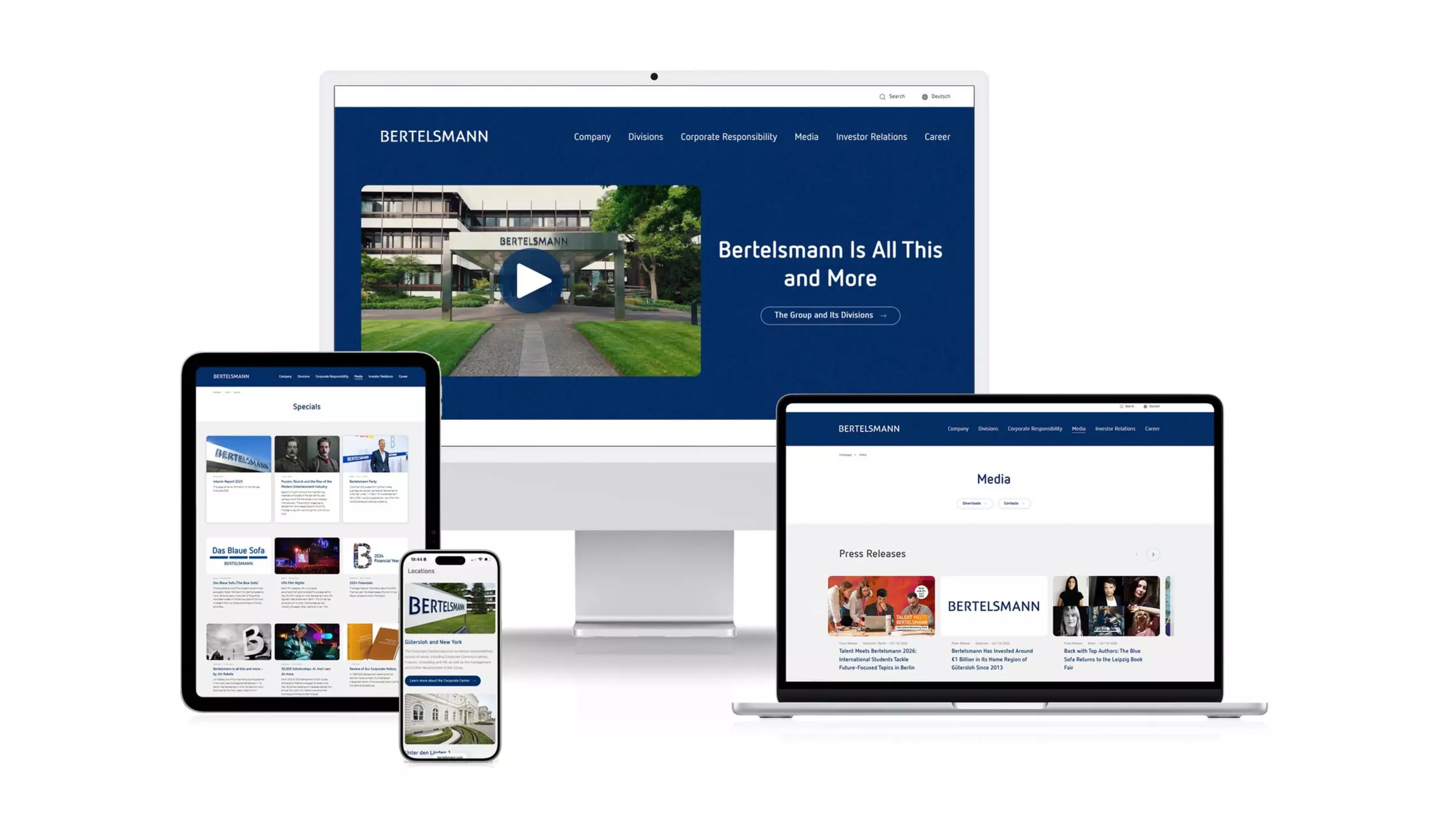 Design of the Bertelsmann Website, presented on a variety of devices.