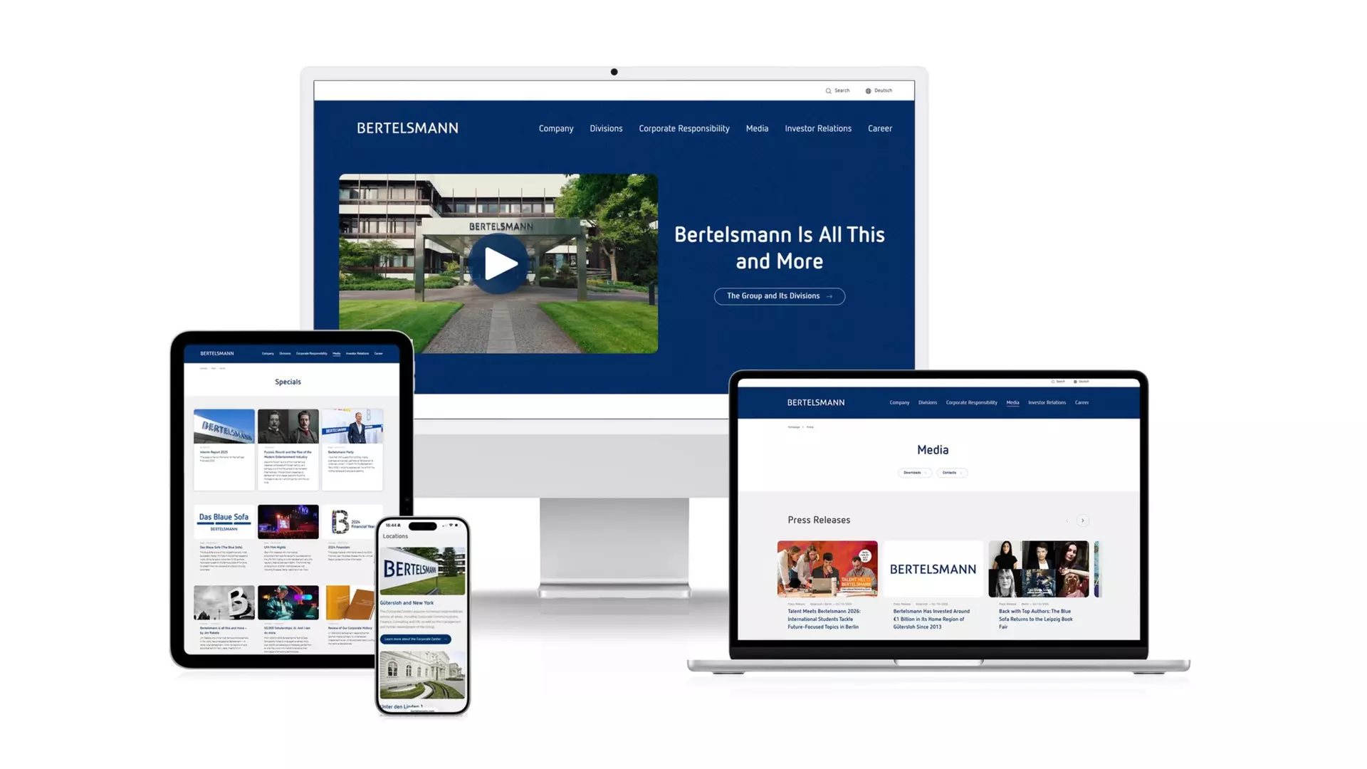 Design of the Bertelsmann Website, presented on a variety of devices.