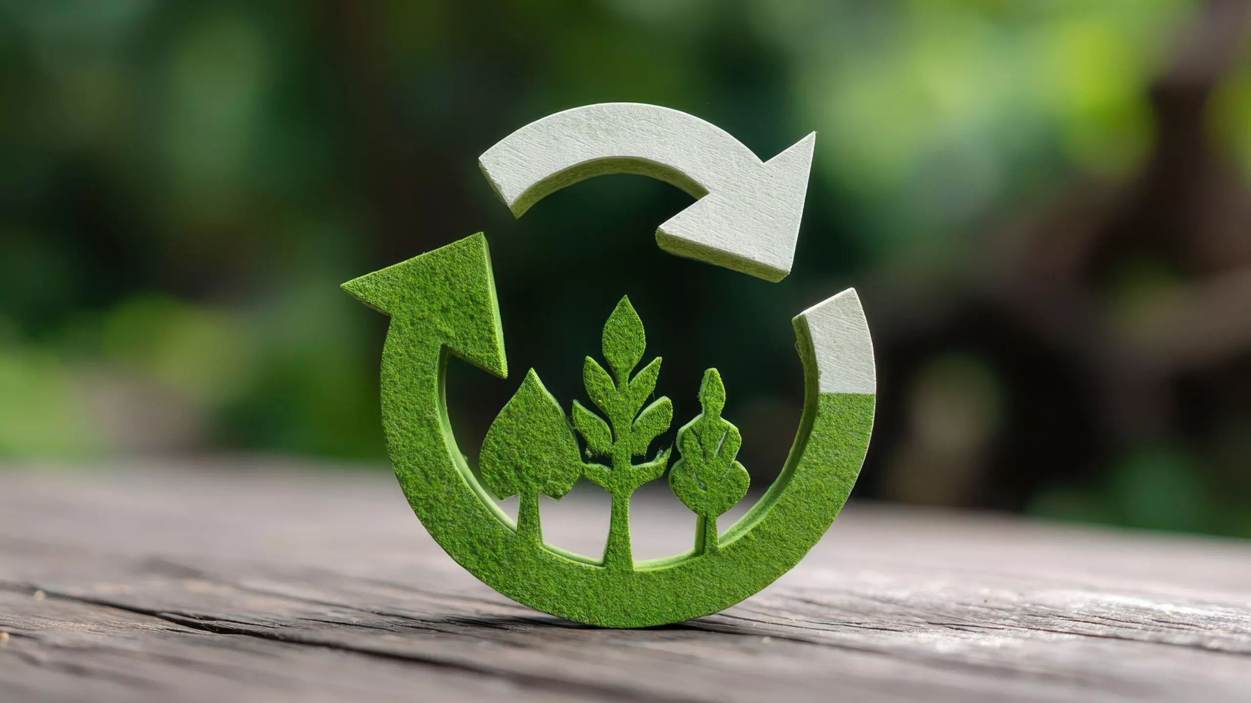 Green recycling symbol made of arrows and plants placed on wooden surface against blurred greenery.