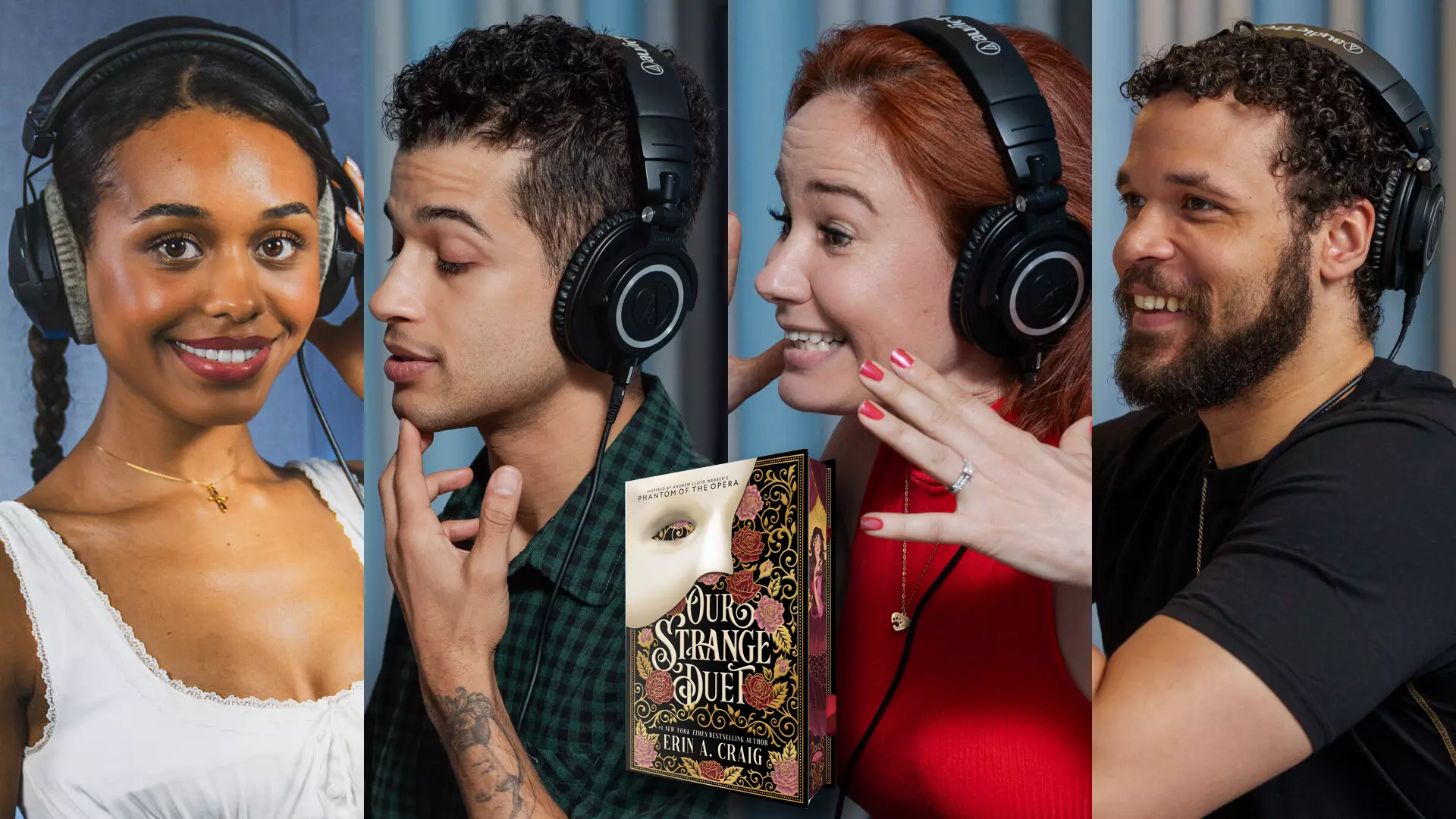 You see four people in individual photos, all wearing headphones or standing in front of a microphone. In Mitteda's book *Our Strange Duets*