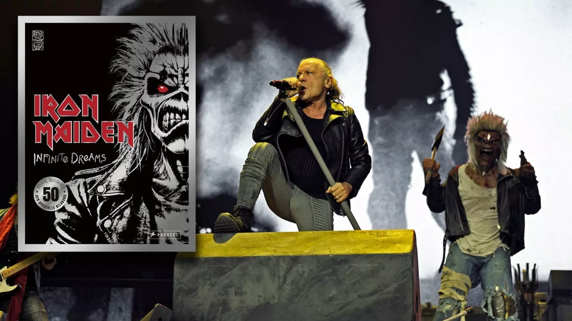 Book cover and Iron Maiden Frontman Bruce Dickinson on stage