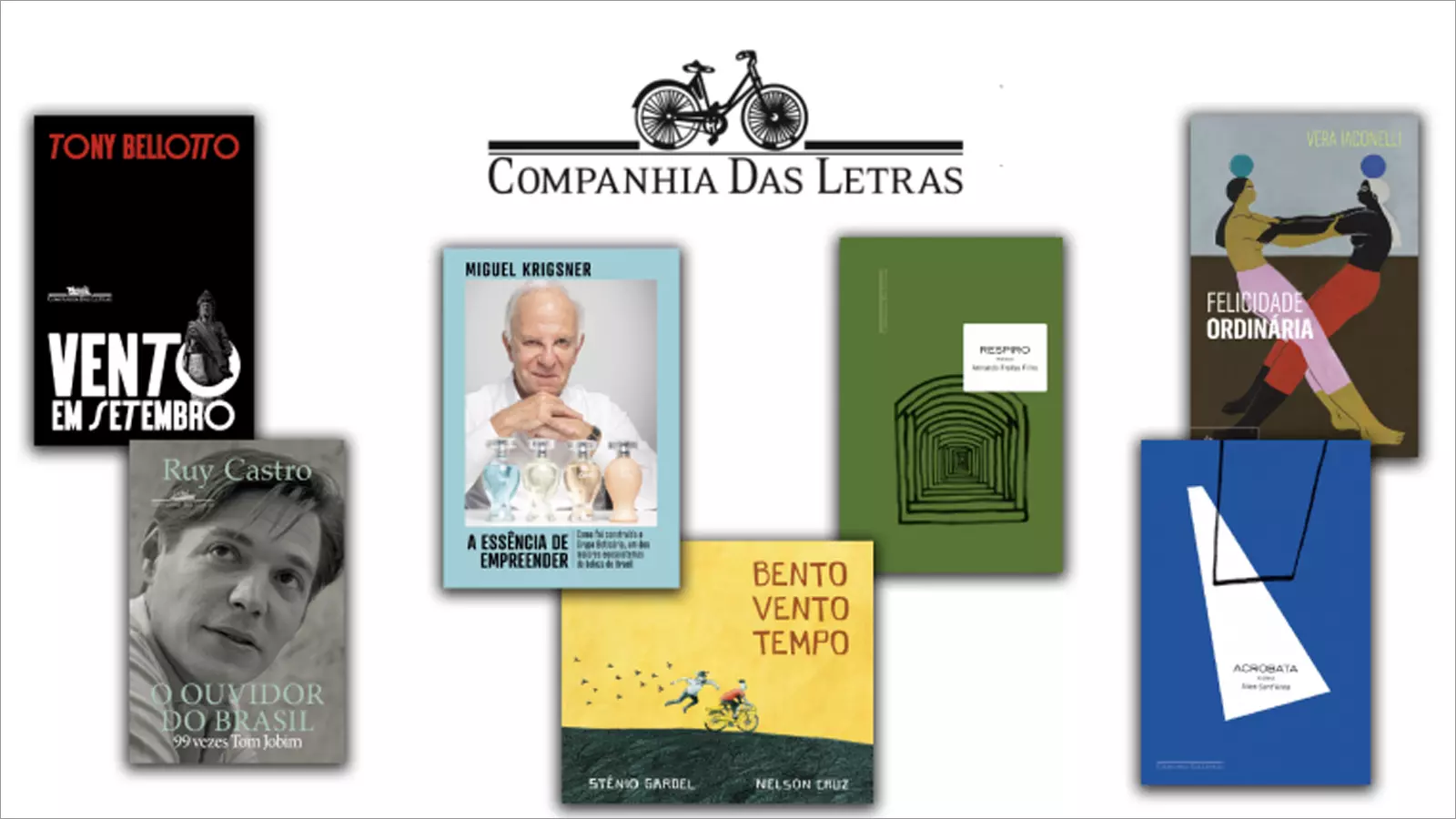 Several book covers from Companhia das Letras, including fiction, nonfiction and children’s titles, arranged in a collage around the publisher’s logo.