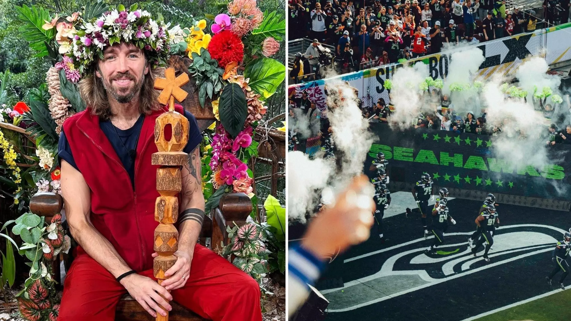 Gil Ofarim sits on a wooden jungle throne with a crown of flowers on his head and a wooden scepter in his hand. Next to him, you can see Spiler running across the field during the Super Bowl.