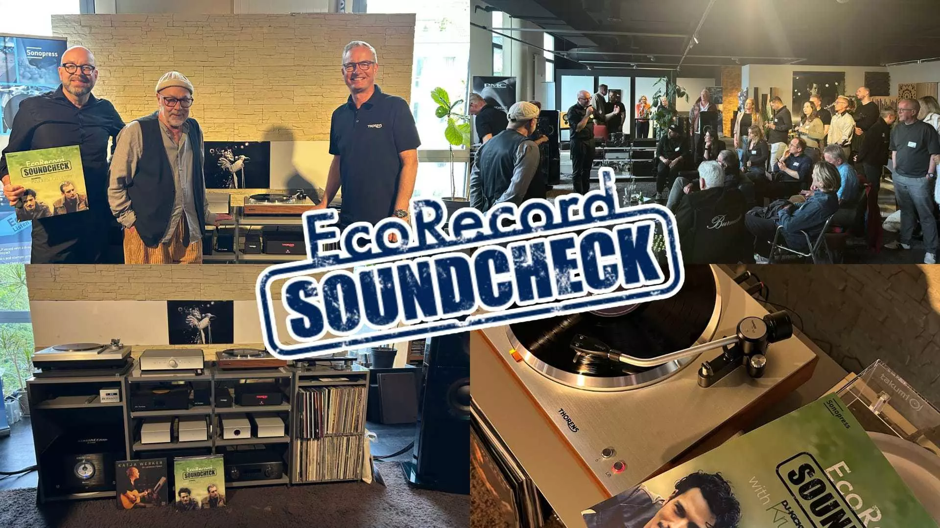 Collage eines Audioevents mit Gästen, Schallplattenspielern und „Eco Record Soundcheck“-Schriftzug.