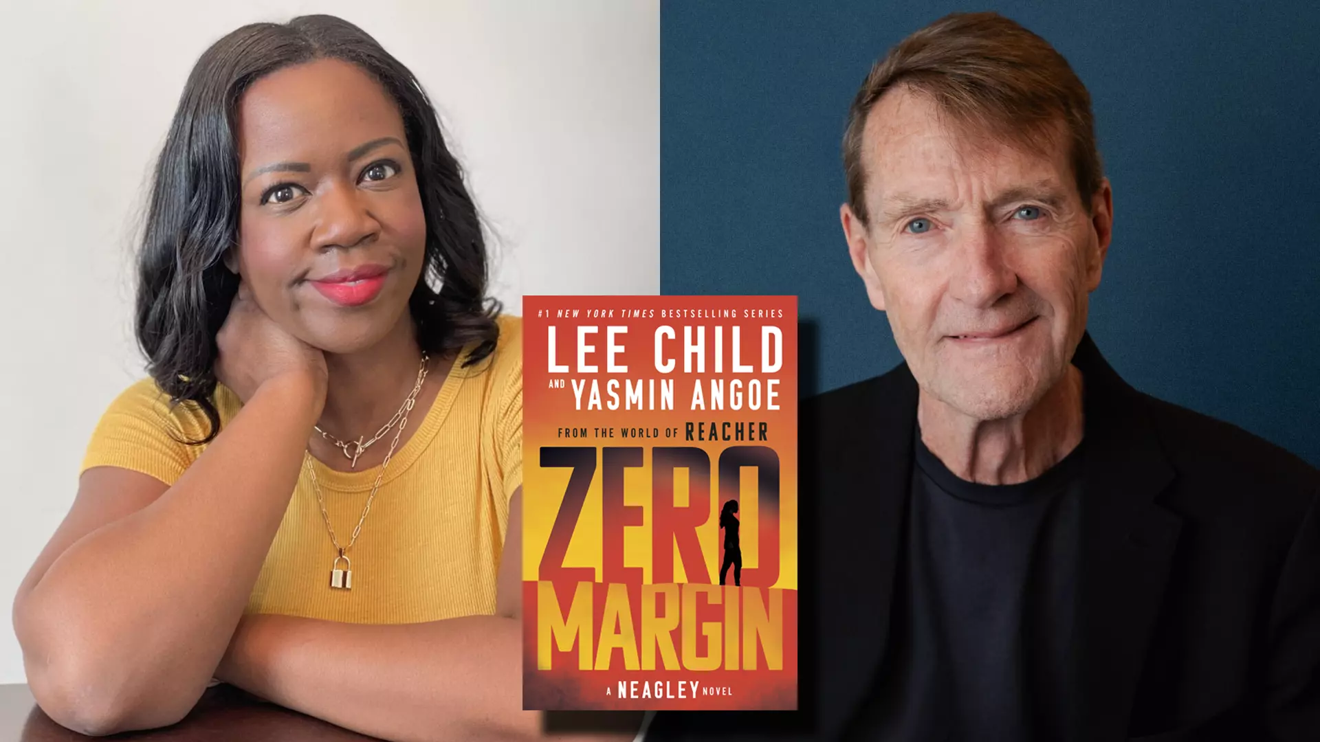 A dark-skinned woman with medium-length, straight black hair and red lips, wearing a yellow T-shirt, is leaning on her arm; next to her is an older man with a side part, wearing a black blazer and shirt. Both are looking at the camera with a slight smile.
