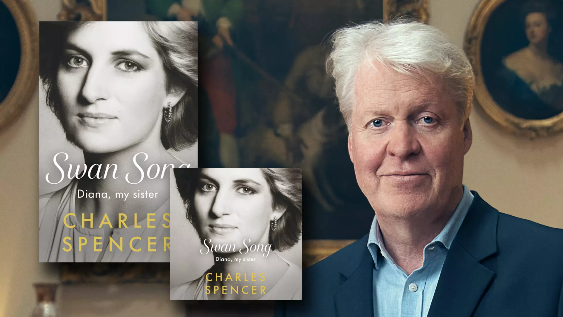 The book an daudio cover features a portrait of Lady Di and the title, with the author standing next to it—he has white hair, a light blue shirt, and a blue blazer—against a backdrop of a family portrait gallery.