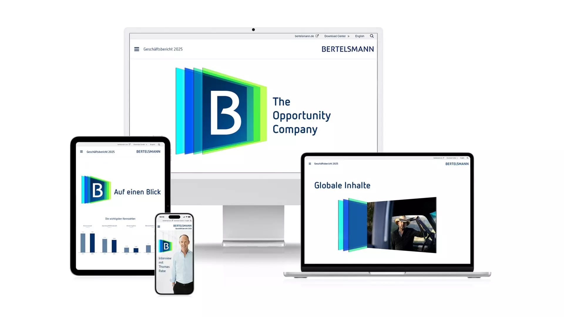 Design der Bertelsmann Geschäftsbericht-Website, dargestellt auf unterschiedlichen Endgeräten.