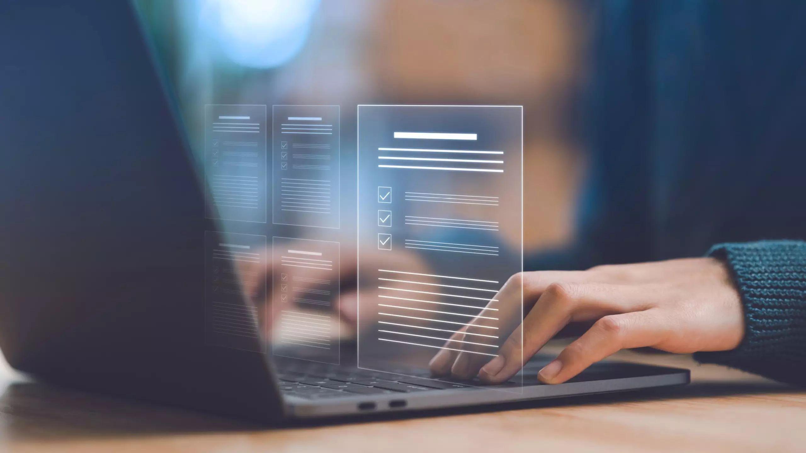 Hands typing on a laptop with a virtual contract screen overlaid.