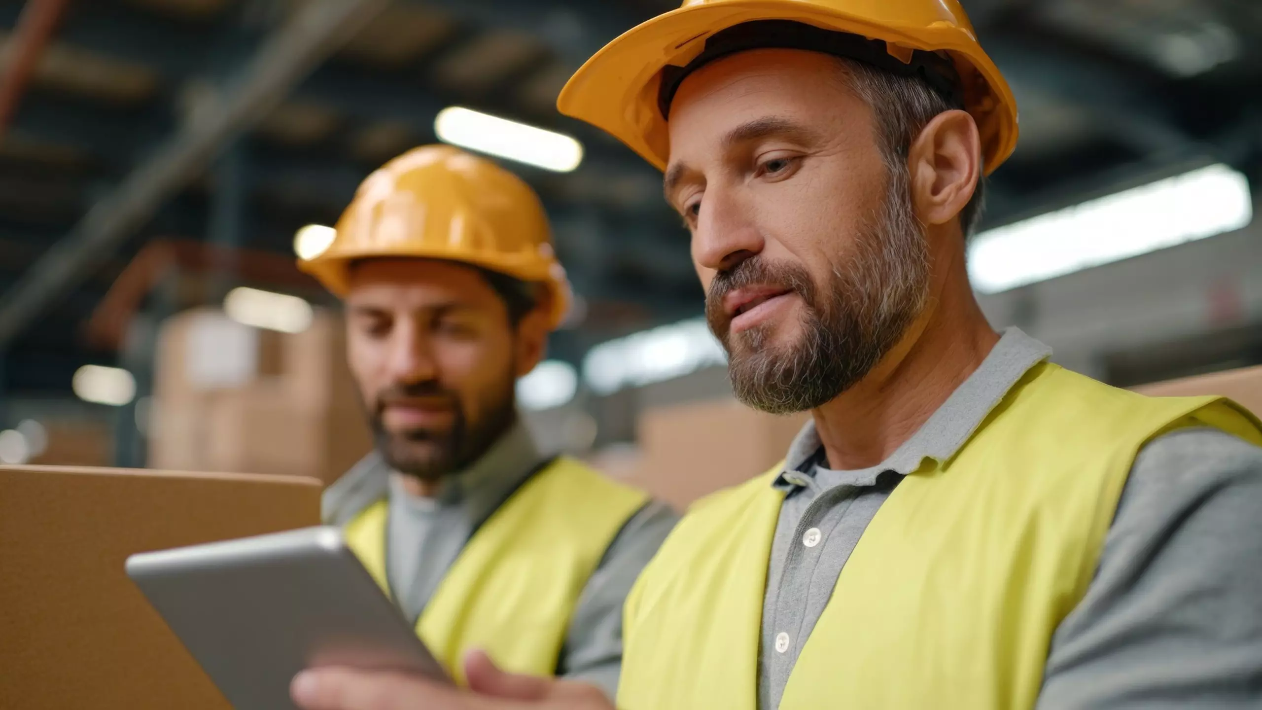 Warehouse staff in helmets and safety vests use a tablet to coordinate safety‑related tasks in the storage area.
