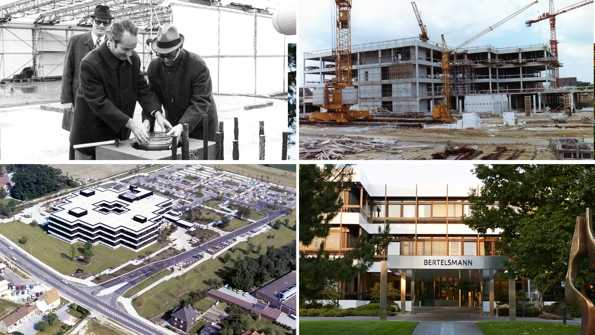 Collage of four historical images from the construction of the building