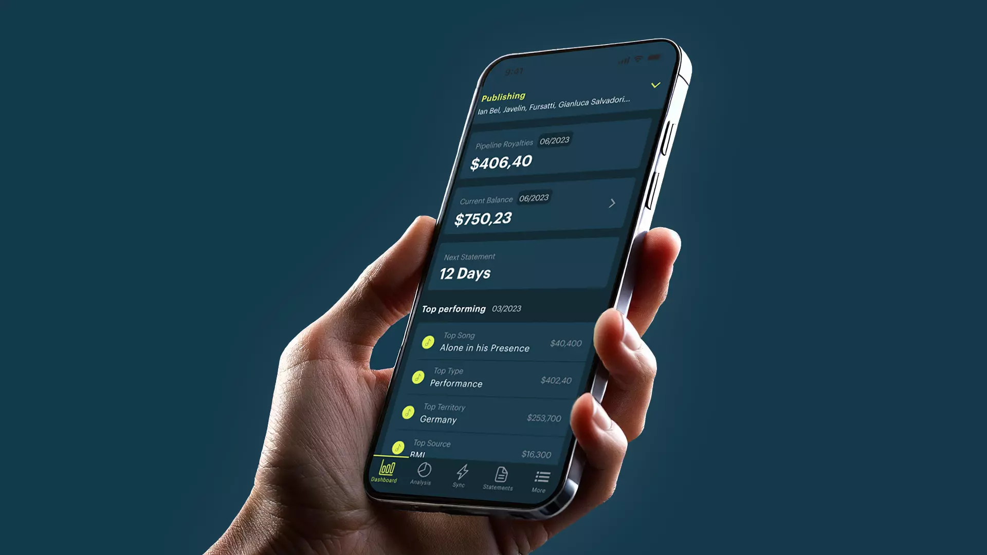 One hand holds a smartphone displaying the BMG Publishing dashboard.