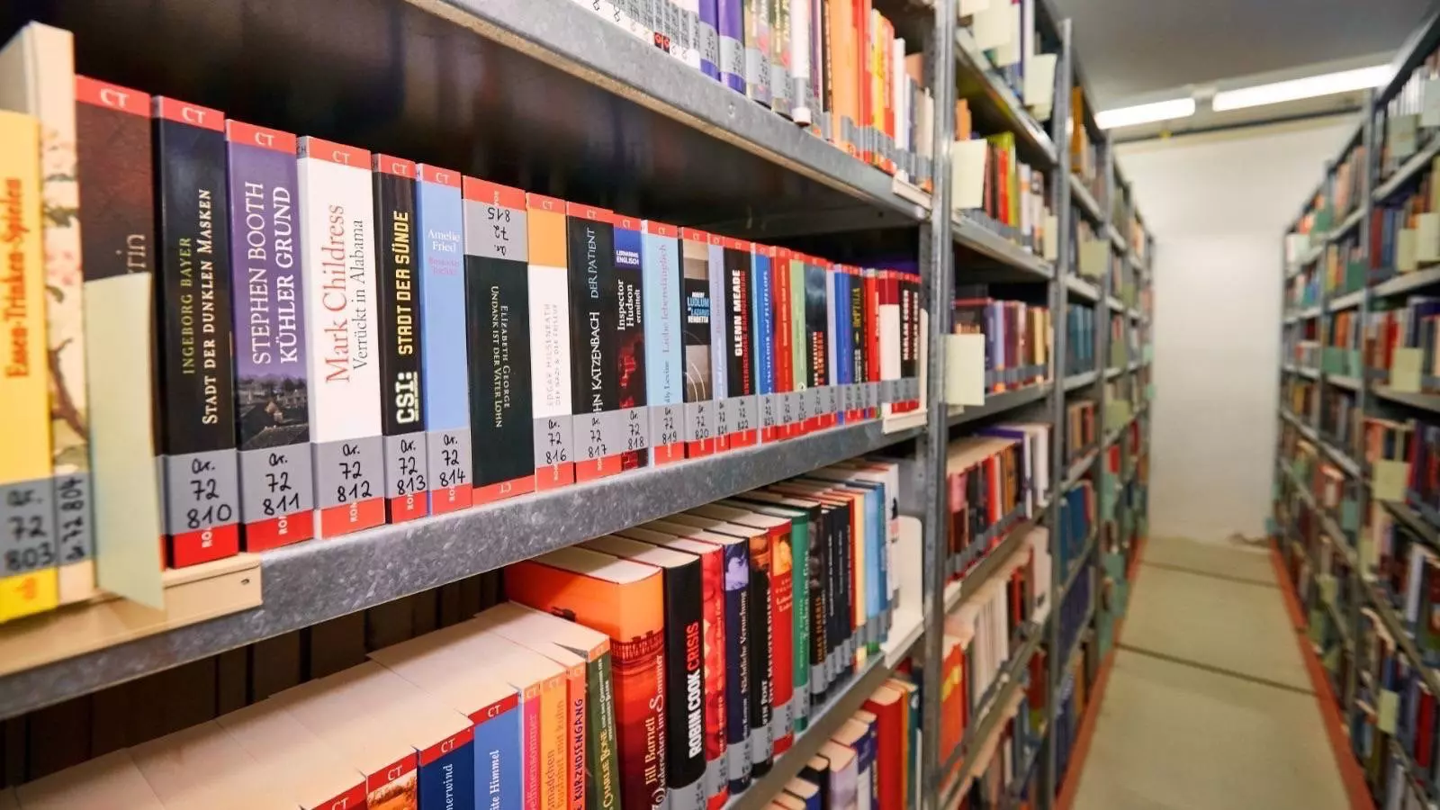 Library shelves filled with tightly arranged novels and visible call number labels on the spines