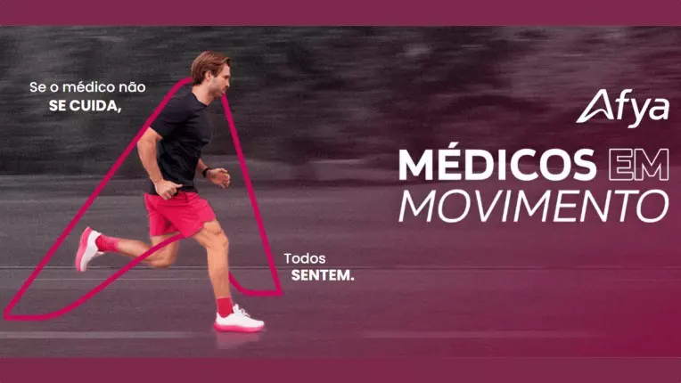 Laufender Mann im Sportoutfit mit Kampagnentext zu Gesundheit von Ärzt:innen und Bewegung, Branding Afya.