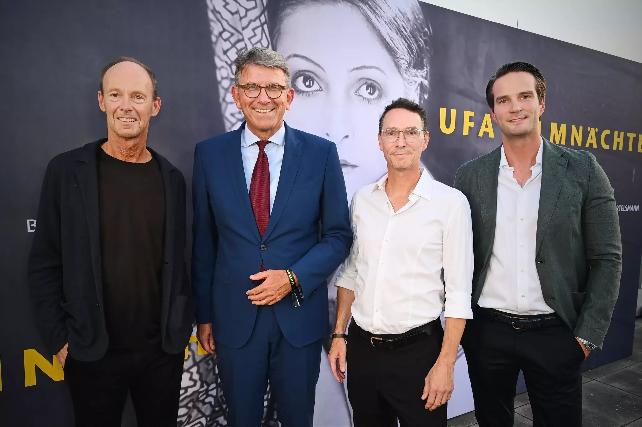Bertelsmann-CEO Thomas Rabe, Wolfram Weimer, Staatsminister für Kultur und Medien, UFA-CEO Sascha Schwingel, Thomas Coesfeld, Mitglied des Bertelsmann-Vorstands und CEO von BMG