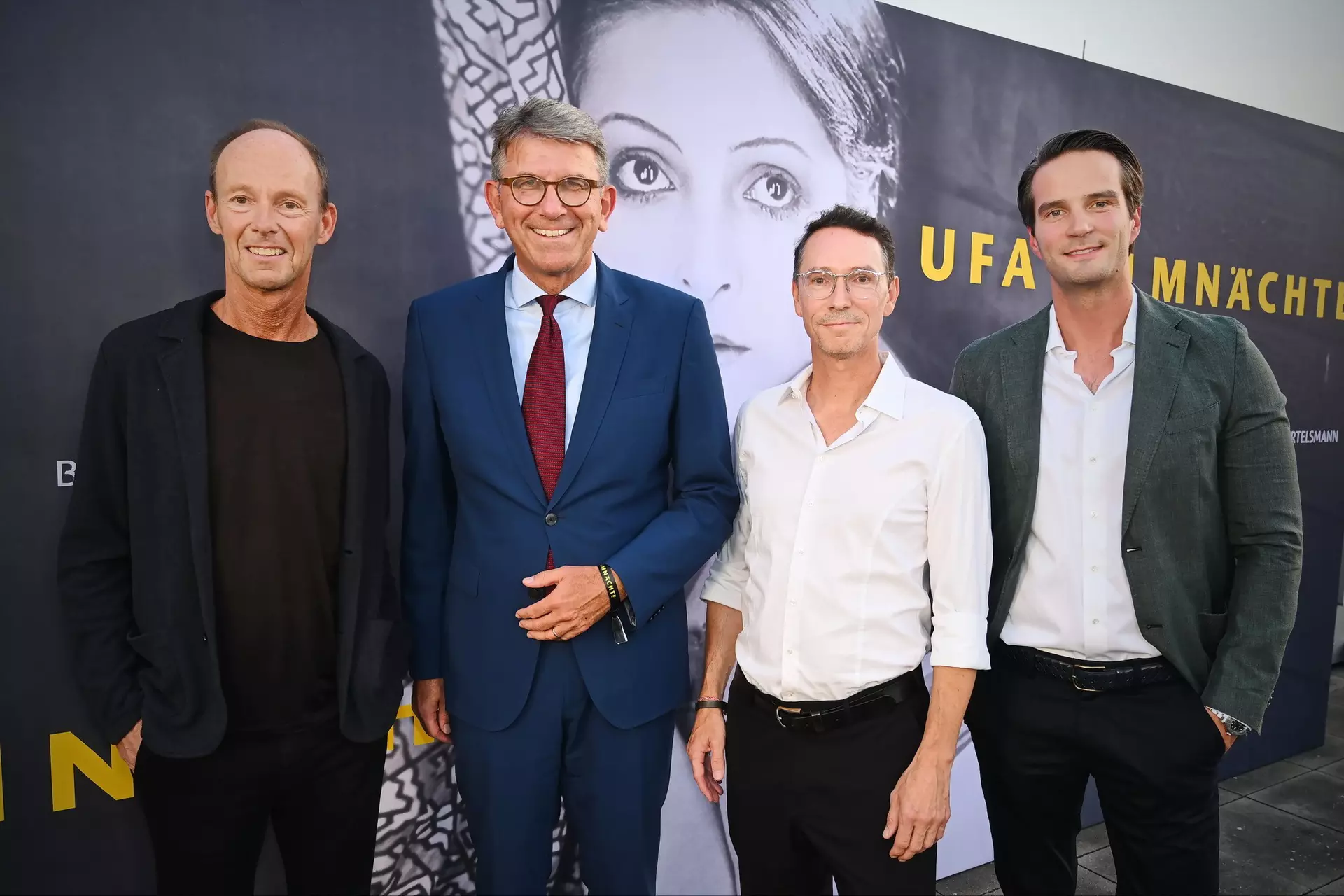 Bertelsmann-CEO Thomas Rabe, Wolfram Weimer, Staatsminister für Kultur und Medien, UFA-CEO Sascha Schwingel, Thomas Coesfeld, Mitglied des Bertelsmann-Vorstands und CEO von BMG