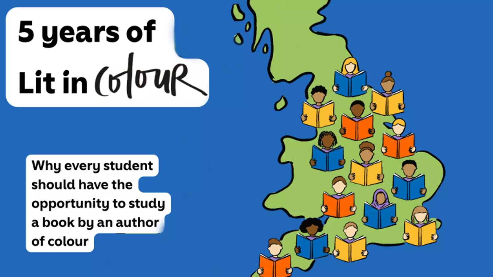 Illustration of a UK map featuring multiple reading figures with text highlighting the value of diverse literature.
