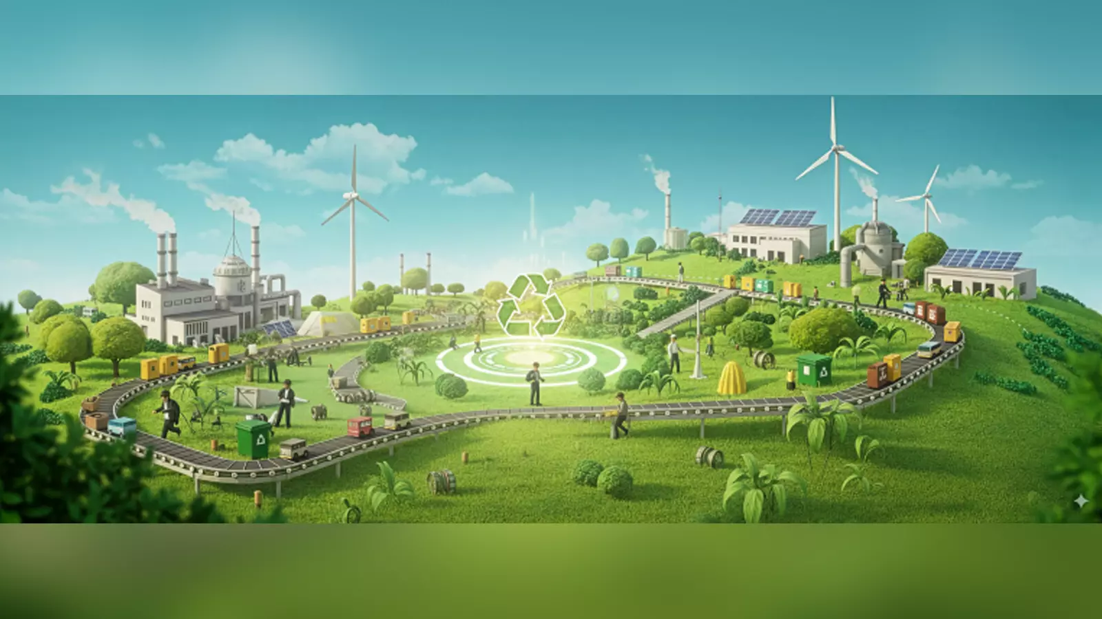 You see a drawn landscape that looks like something out of a computer game, with lots of green meadows and a blue sky with small clouds. In the middle is the recycling symbol. Around it in a circle is a conveyor belt on which you can see some small cars or trash containers. In between are small people walking around or working.