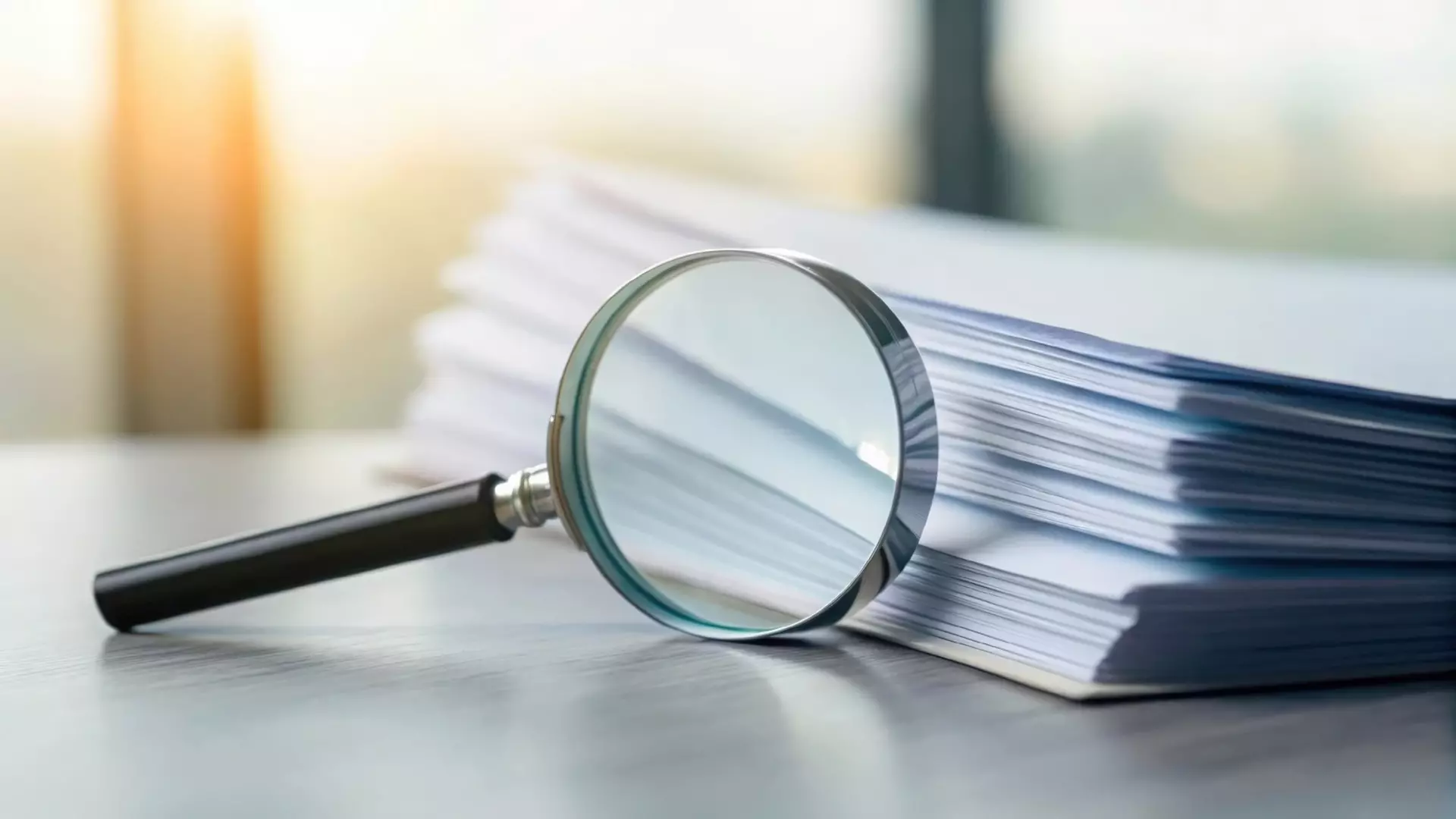 Magnifying glass lying on a stack of paper documents; symbolizes review, transparency, and reporting.