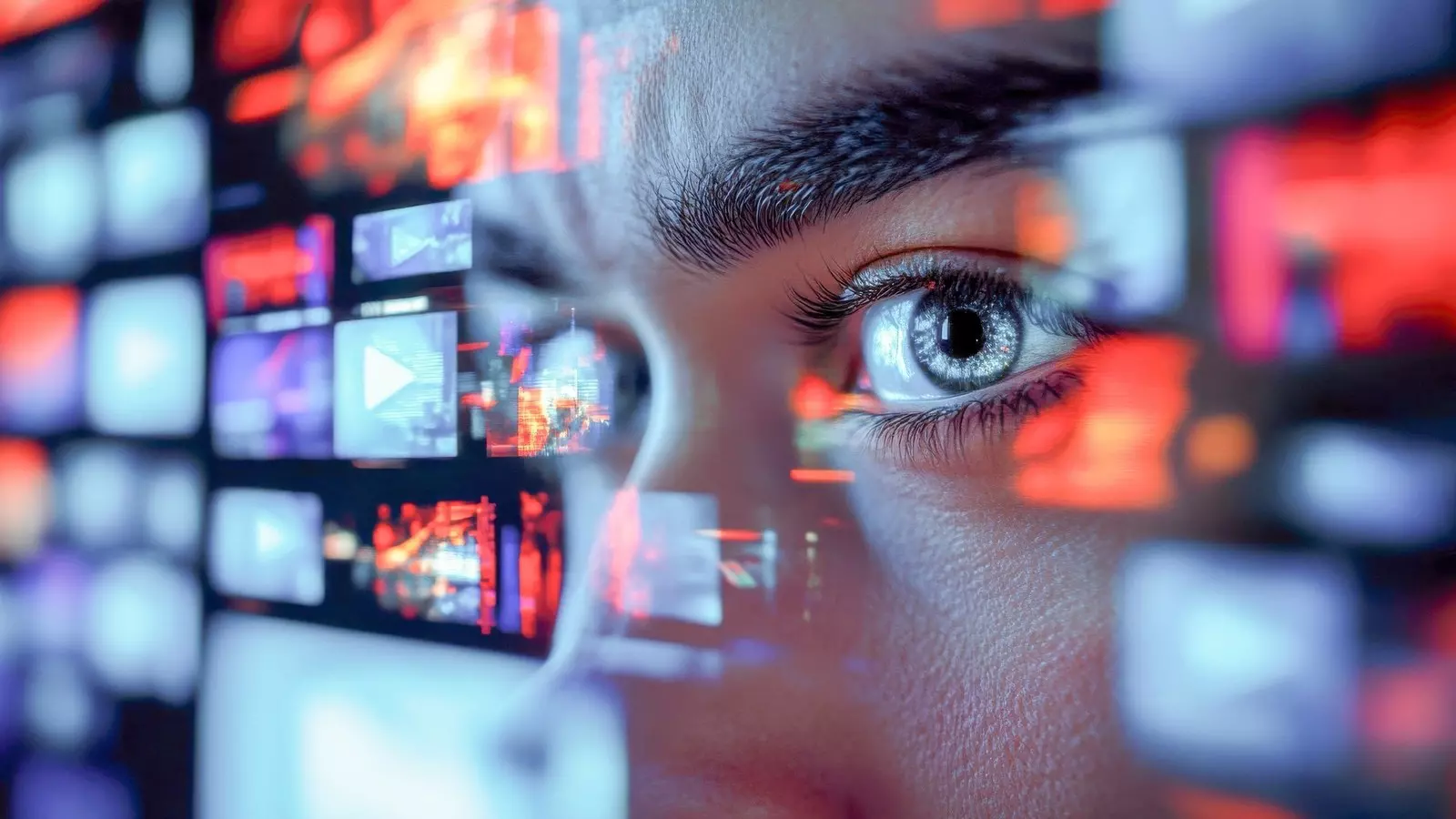 Nahaufnahme eines Gesichts vor leuchtenden hologrammartigen Medienkacheln; symbolisiert Verantwortung im Umgang mit Inhalten.