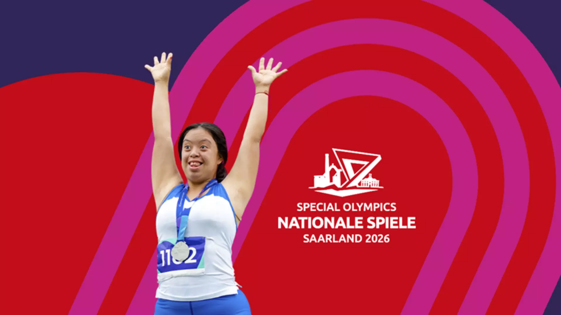 Logo of the Special Olympics Nationale Spiele Saarland 2026 and athlete in front of a red background