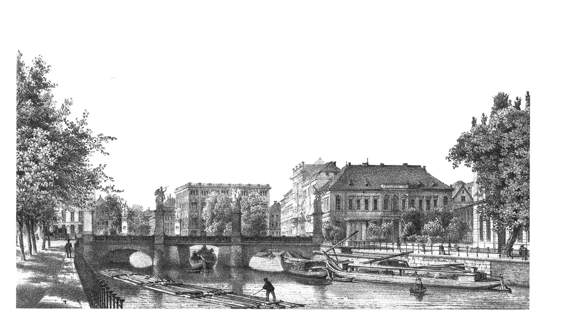 Historischer Kupferstich einer steinernen Brücke mit Statuen um 1850 mit Fluss, Booten,  und klassizistischen Gebäuden.
