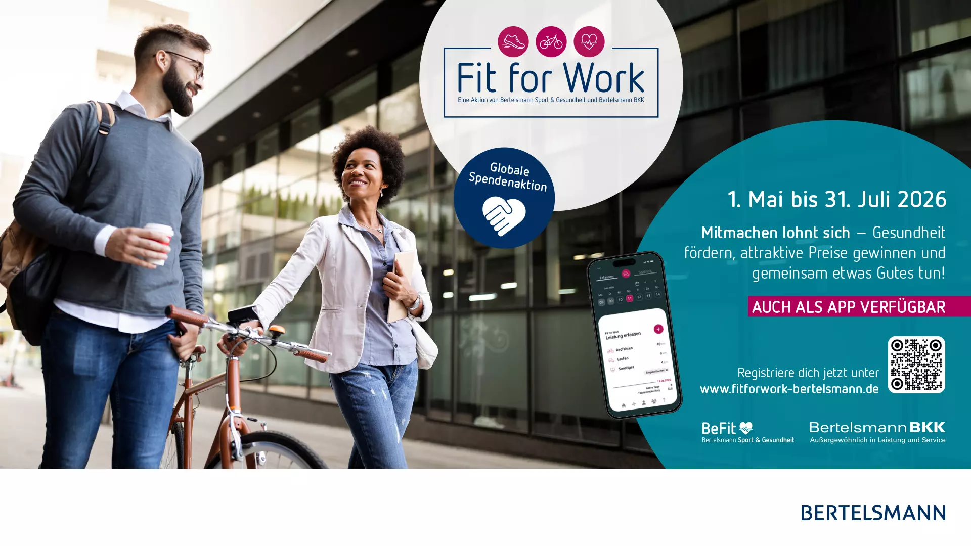 Werbegrafik für Fit for Work 2026 mit zwei Mitarbeitenden, Fahrrad, App-Anzeige und Teilnahmeinfos.