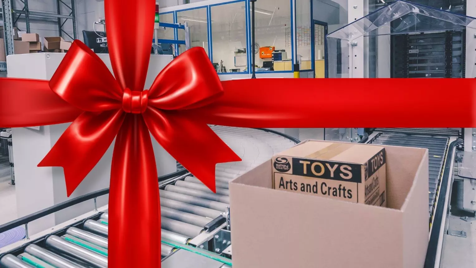 Collage of a warehouse scene and a gift bow