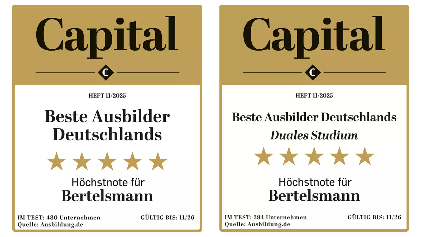 Two gold Capital award badges: “Germany’s Best Trainers” and “Germany’s Best Trainers – Dual Study Program,” each showing the top rating for Bertelsmann.