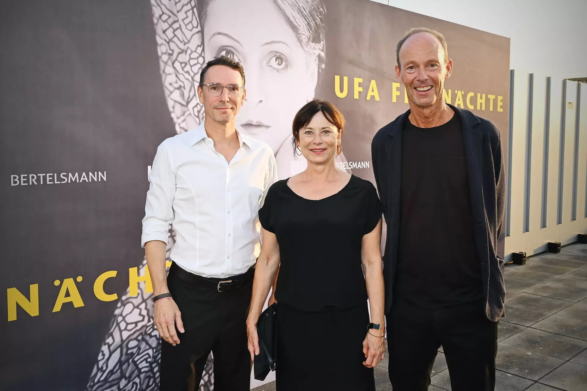 UFA-CEO Sascha Schwingel, Inka Friedrich, Patin der UFA Filmnächte 2025 und Bertelsmann-CEO Thomas Rabe