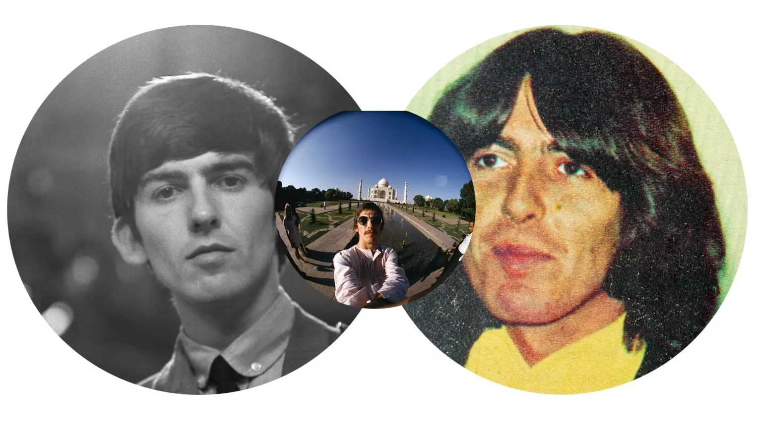 Collage of three portraits of George Harrison